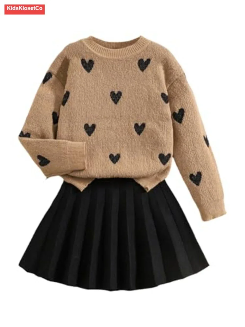 Girls 2 Piece Outfit Heart Graphic Long Sleeve Sweater Pleated Skirt Set